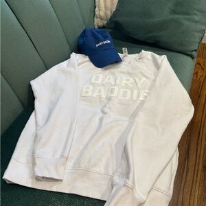 Giggly Squad “Dairy Baddie” White Sweatshirt and Blue Cap